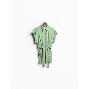 Zara Linen Romper Women's Small Green Utility Belt Coastal Beach Shortalls